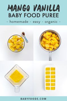 mango vanilla baby food puree in a bowl and ingredients to make it into a smoothie