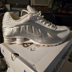 Resale This Item,It's In Really Good Condition, May Have A Lite Yellowing On Tongue ,But Not Much That Noticeable. Shoe Is A White Metallic Silver.Missing Insoles Nike Shox R4, Nike Sneakers Women, Nike Shox, Shoes Nike, Nike Running, Men's Nike, Nike Men, Womens Sneakers, Nike Shoes