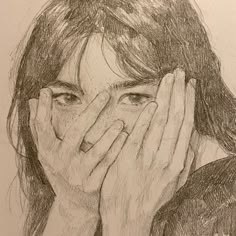 a pencil drawing of a girl covering her face with her hands and looking at the camera