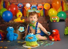 a little boy sitting on the floor in front of some cupcakes and sesame street decorations