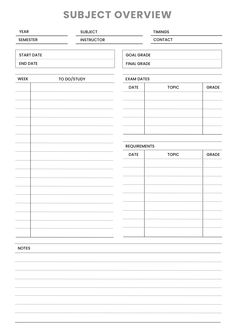 a printable subject overview sheet for students