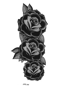 a black and white drawing of three roses