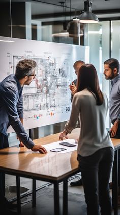 three people standing around a table looking at a blueprint on the wall behind them