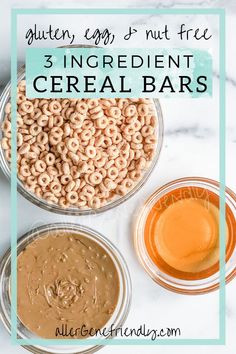 three different types of cereal in bowls with the words gluten egg and nut free ingredients