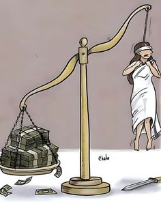 a cartoon depicting a woman balancing money on a scale