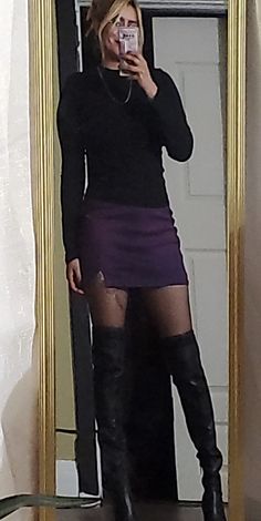 Purple Mini Skirt Outfit, Purple And Black Outfits Black Women, Purple And Maroon Outfit, Purple Skirt Winter Outfit, Dark Purple Top Outfit, Dark Purple Skirt Outfit, Purple And Black Outfits Casual, Lavender And Black Outfit, Purple Leather Skirt Outfit