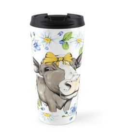 a travel mug with a cow wearing a yellow bow and daisies on the side