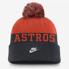 A cold-weather staple, this Rewind Peak Beanie helps keep you warm and comfortable with a classic cuffed design and soft, stretchy acrylic yarns. Its throwback Houston Astros details are paired with a pom and solid-color look for versatility. Nike Winter Beanie Hat, Nike Casual Winter Hats, Casual Nike Winter Hat, Navy Cotton Winter Hat, Winter Navy Cotton Hat, Casual Winter Beanie For Fan Gear, Mens Cuff, Navy Fashion, Pom Beanie