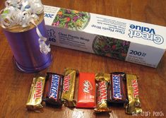 some candy bars are sitting on a table