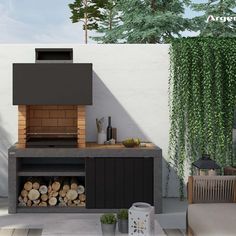 an outdoor bbq with firewood and potted plants on the side wall next to it