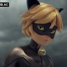 the animated character is dressed in black cat costume and has green eyes, ears, and nose