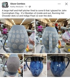 several pictures of different vases with holes in them, and one has a face on it