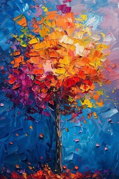 an abstract painting of a colorful tree