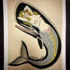 a drawing of a mermaid sitting on top of a fish