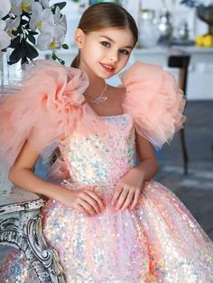 Childrens Party Dresses, Mini Gown, Tutu Party, Pink Flower Girl Dresses, Tulle Sleeves, Girls Pink Dress, Sequin Gown