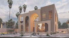 an artist's rendering of a modern house with palm trees in the background