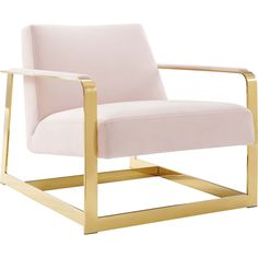 a pink chair with gold frame and legs