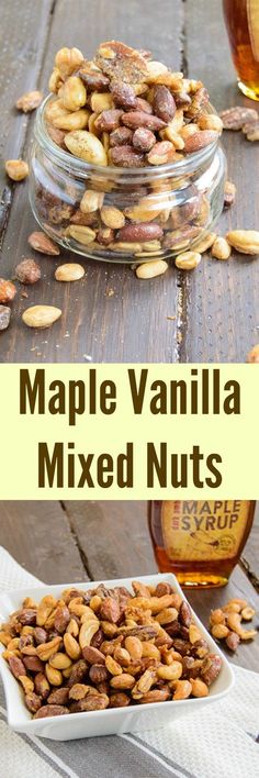 maple vanilla mixed nuts in a glass bowl