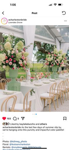 an instagram page with flowers in vases and tables set up for a wedding