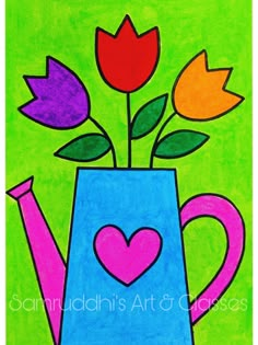 a painting of flowers in a watering can with a heart painted on the front and bottom