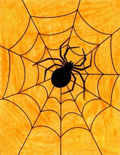 a spider sits on its web in the center of an orange and yellow background with black outlines