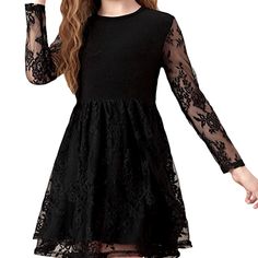 - Flower Print, Floral Lace - Contrast Black Mesh - Lace Mesh Sleeves - Round Neckline - Keyhole Back With Button - Formal Flared A-Line Short Dress - Fabric Is Soft, Lightweight And Comfortable - 95% Polyester, 5% Elastane - 10y: Shoulder: 13.1", Length: 29.1/28.3", Sleeve Length: 19.7", Bust: 30.3", Waist Size: 27.6", Hip Size: 38.6", Cuff: 7.4" {Bin#4} Keyhole Back Dress, Lace A Line Dress, Girls Black Dress, A Line Shorts, Mesh Sleeves, Lace Panelled, Lace Sleeves, Fit And Flare Dress, Dress Backs