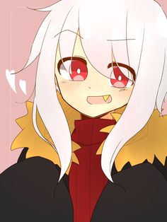 an anime character with long white hair and red eyes, wearing a black coat over a pink background