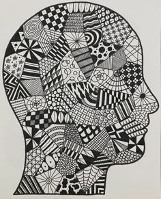 a black and white drawing of a person's head with many different patterns on it