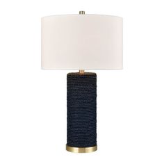 a blue table lamp with a white shade