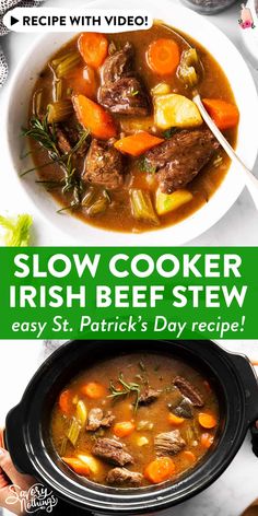 slow cooker irish beef stew recipe is shown in this image with the words slow cooker irish beef stew