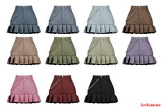 nine different colors of skirts with chains on the bottom and bottom, all in different sizes