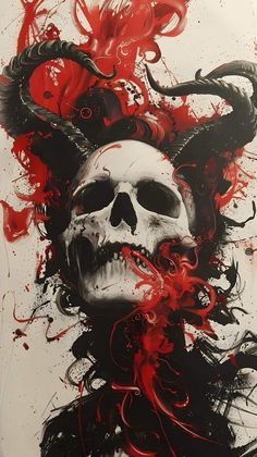 a skull with red paint splattered on it's face and horns in the shape of a demon