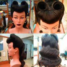 #1940s #1950s #pinup #pinuphair #retro #vintage #vintagehair #victoryrolls #fingerwaves #updo #hairstyles #hairstyling #1930s #hairstylist #bumperbangs #bettiebangs#oldhollywood #wendydelg Pinup Hair For Long Hair, Vintage Rolls Hairstyle, How To Do Pinup Hair, Pinup Hairstyles With Bangs, 1940s Hairstyles For Long Hair, Waitress Hairstyles, Pinup Hairstyles, 40s Hair Roller Pattern, Pinup Hair Long Rockabilly Style