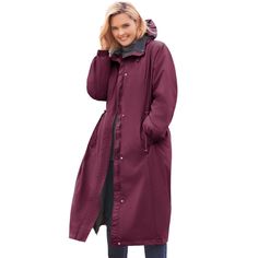 Made from a lightweight water-resistant fabric, this Taslon jacket takes on the weather with a fully removable quilted lining featuring soft fleece on the upper portion of the body to keep you warm. A longer length keeps you fully covered while an adjustable drawstring at the waist lets you add shape -- or leave it lose so it layers easily over heavier clothing. A zip front, elastic cuffs and face cover on the hood keep wind and rain at bay so you stay warm and dry. Made with a discreet hidden c Womens Tailored Suit, Heavy Clothing, Long Outerwear, Slim Fit Coat, Rain Jacket Women, Women Overcoat, Woman Within, Womens Crewneck, Linen Women