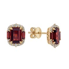 Two round dazzling garnet gemstones (approx. 2.05 carats TW)  are surrounded by 36 round diamonds (approx. .19 carat TW) and four baguette garnet gemstones (approx. .36 carat TW) in these gorgeous statement earrings. These sparkling gemstones are set in quality 14 karat yellow gold and measure 7/8 of an inch in diameter. These earrings measure 1 ¼ inches long (including the 0-ring) and have a total gem weight of approximately 2.60 carats for the pair. Beautiful Gold Earrings, Necklaces And Rings, Garnet And Diamond Ring, Garnet And Gold, Platinum Jewelry, Garnet Jewelry, Garnet Earrings, Yellow Gold Earring, Cluster Earrings