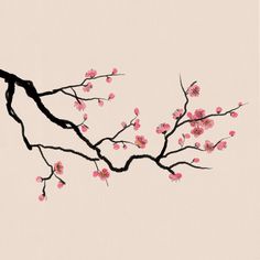 a branch with pink flowers on it against a beige background, in the style of japanese painting