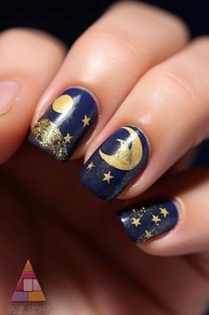 Get lost in the stars with this beautiful moon and stars nail art. The intricate gold detailing on a dark base is sure to make your nails stand out. Discover more moon nail designs at nailhow.com. Moon And Stars Nail Art, Stars Nail Art, Half Moon Nails, Acrylic Nails At Home, Star Nail Art, Nail Prices