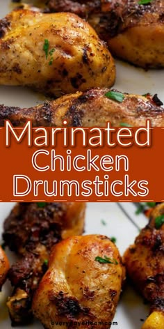 A Pinterest pin for marinated chicken drumsticks. Marinated Drumsticks, Marinated Chicken Drumsticks, Drumstick Recipes Baked, Chicken Leg Recipes Oven, Chicken Drumstick Recipes Oven, Easy Chicken Drumstick Recipes, Drumstick Recipes Oven, Chicken Legs In Oven, Easy Marinated Chicken