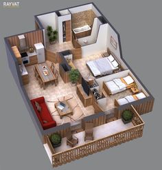 an overhead view of a two bedroom apartment with living room and dining area on the first floor