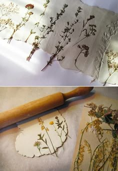 two pictures of dried flowers on paper with a rolling pin in the middle and an image of pressed wildflowers