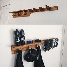 there is a shelf that has some shoes on it and two bags hanging from the wall