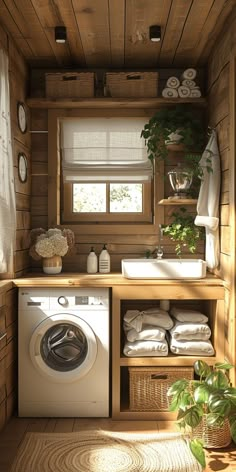 a washer and dryer in a small room with wood paneling on the walls