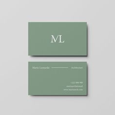 a business card with the letter ml on it in white ink and green paper