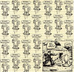 an old comic strip with several cartoon characters and words on it, all in black and white