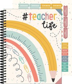 two notebooks with the words teacher life written on them and an image of a pencil