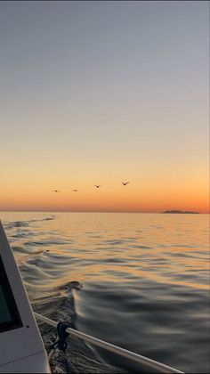 two birds flying over the water at sunset on a boat in the ocean with waves