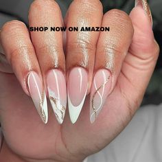 White French Tips Press on Nails with Sparkly Curve Line Design, Glossy Gold Glitter Medium Almond False Nails Gel Glue on Nails, Marble Manicure Art Acrylic Fake Nails Stick on Nails for Women 24Pcs
Amazon Affiliate