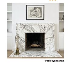 a fireplace with white marble surround in a living room