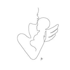 a line drawing of an angel kissing a man with his arm around the woman's neck