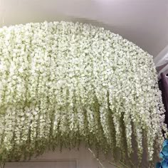 white flowers are hanging down from the ceiling